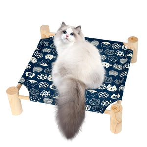 Petswol Elevated Cat Hammock Bed - Breathable Linen Fabric Natural Wooden Frame