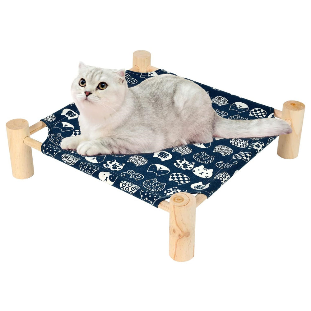 Petswol Elevated Cat Hammock Bed - Breathable Linen Fabric Natural Wooden Frame