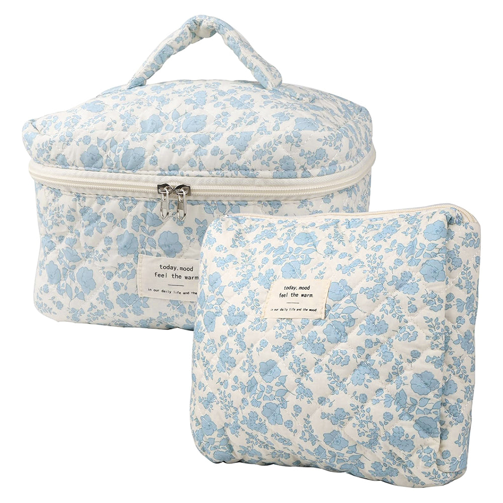 2-Piece Quilted Floral Makeup Bag Set Travel Coquette Aesthetic Cosmetic Bags