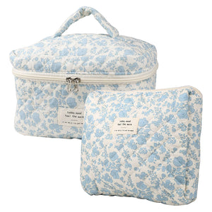 2-Piece Quilted Floral Makeup Bag Set Travel Coquette Aesthetic Cosmetic Bags