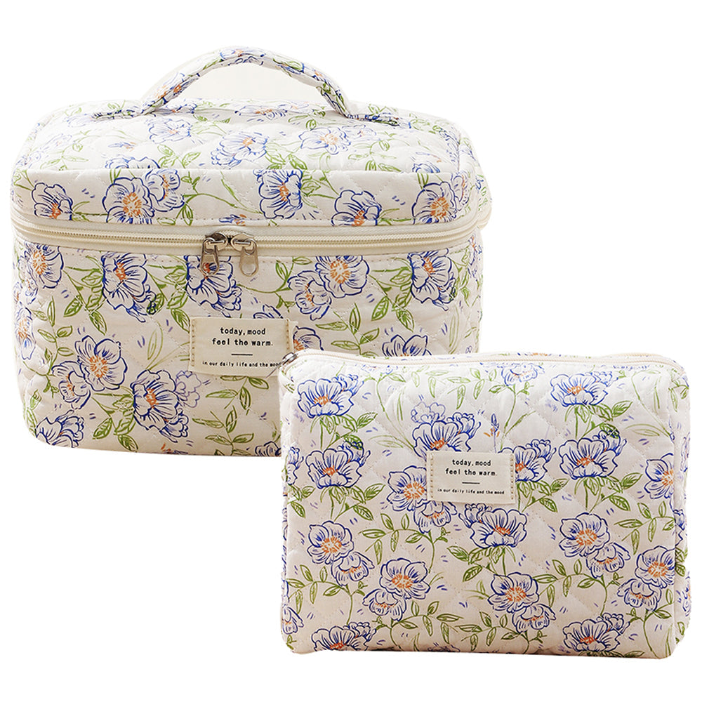 2-Piece Quilted Floral Makeup Bag Set Travel Coquette Aesthetic Cosmetic Bags