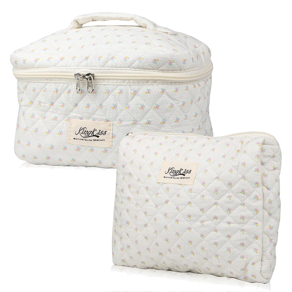 2-Piece Quilted Floral Makeup Bag Set Travel Coquette Aesthetic Cosmetic Bags