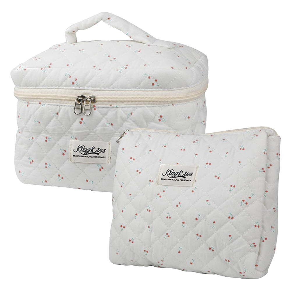 2-Piece Quilted Floral Makeup Bag Set Travel Coquette Aesthetic Cosmetic Bags