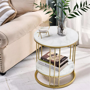 Round Marble Accent Table End 2 Tiers Storage Gold