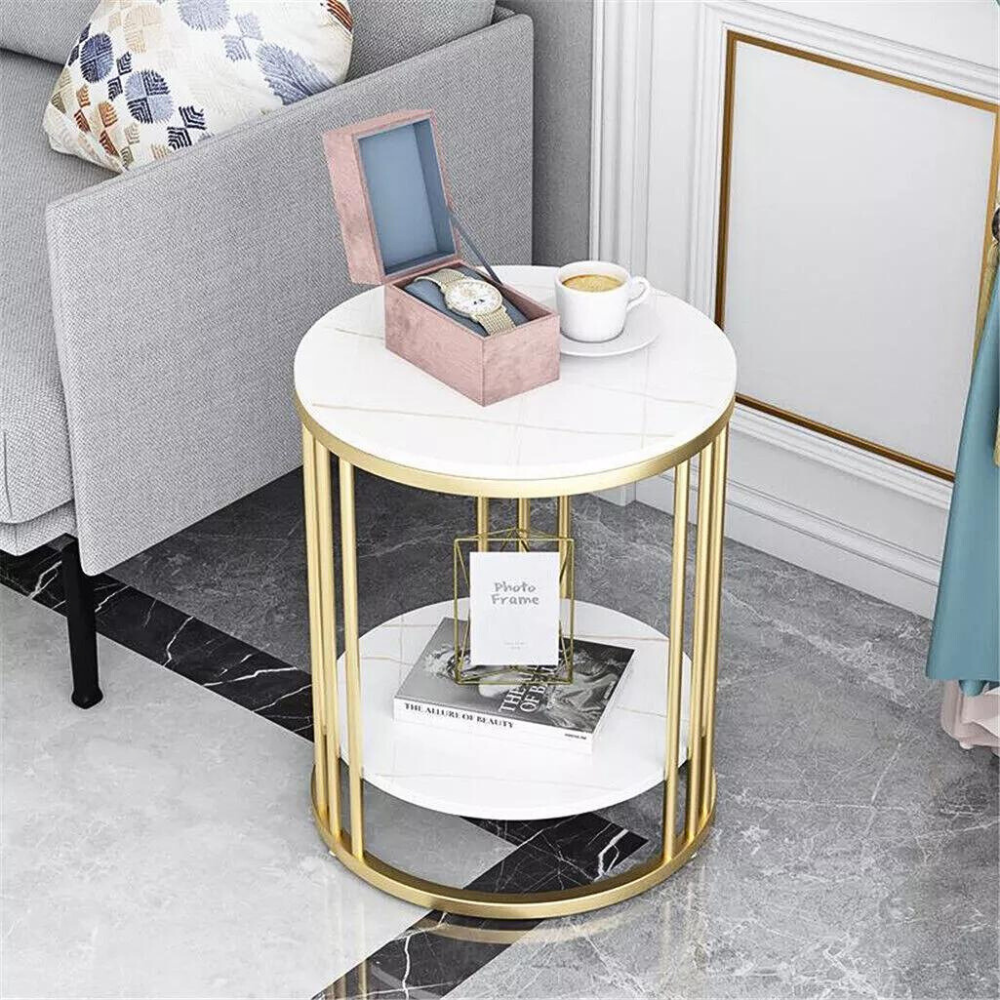 Round Marble Accent Table End 2 Tiers Storage Gold