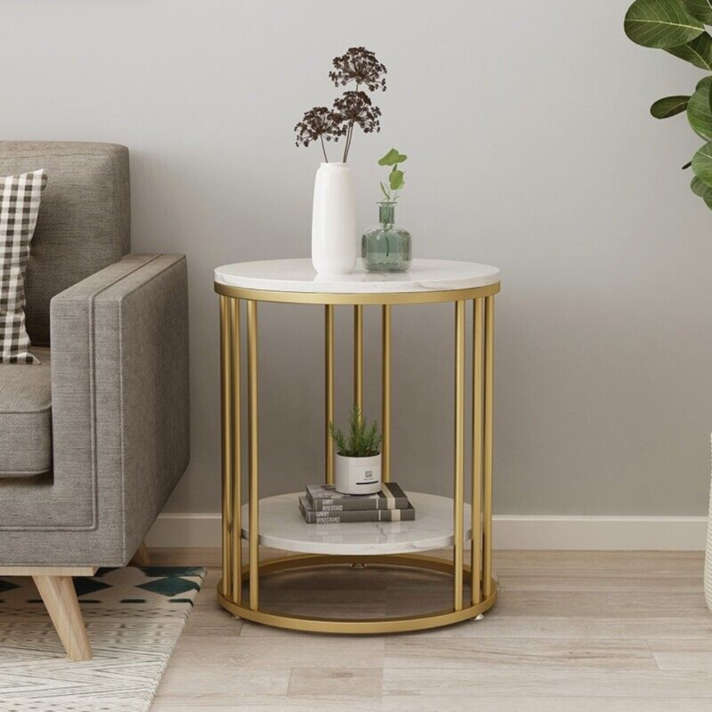 Round Marble Accent Table End 2 Tiers Storage Gold