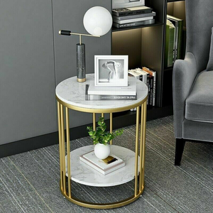 Round Marble Accent Table End 2 Tiers Storage Gold