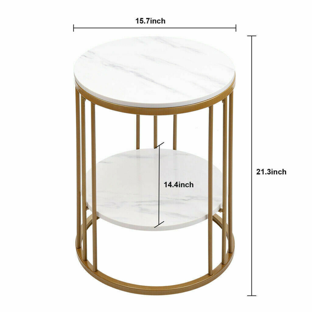 Round Marble Accent Table End 2 Tiers Storage Gold