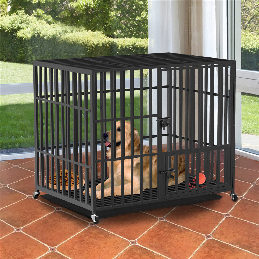 Heavy Duty Pet Dog Cage Strong Metal Crate Kennel Playpen With Wheels &Tray