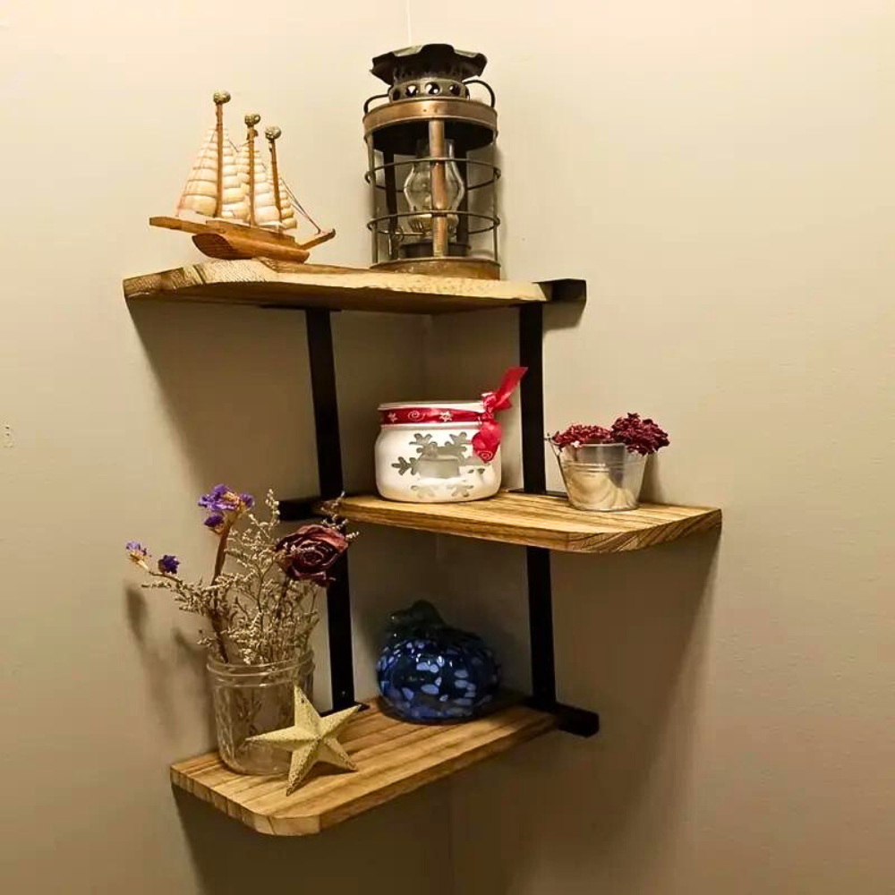 Rustic Industrial Wood Shelf Wall Mount Corner Rack