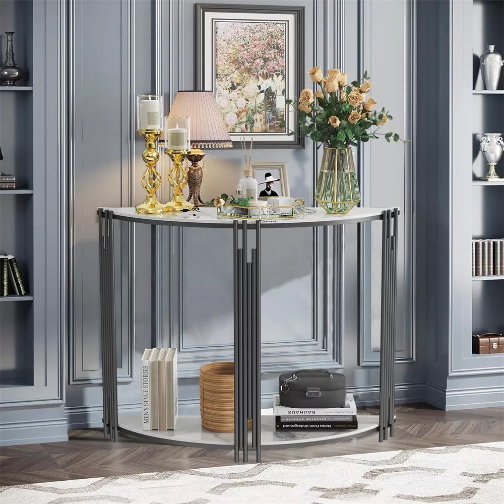Half Moon Tiered Real Marble Entry Console Table Hallway Entryway Furniture