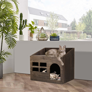 Cozy Wooden Cat Cave Bed With Cushion Pad And Litter Box