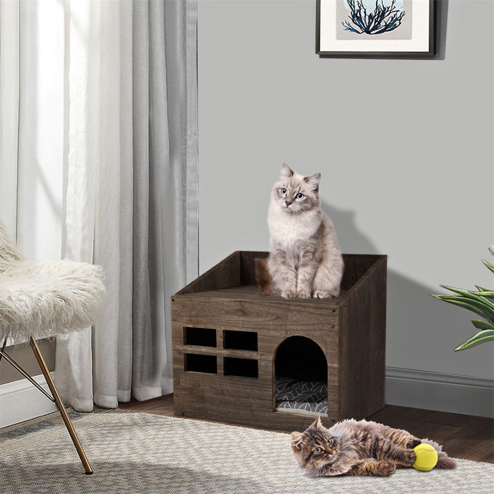 Cozy Wooden Cat Cave Bed With Cushion Pad And Litter Box