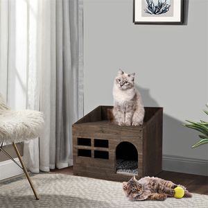 Cozy Wooden Cat Cave Bed With Cushion Pad And Litter Box