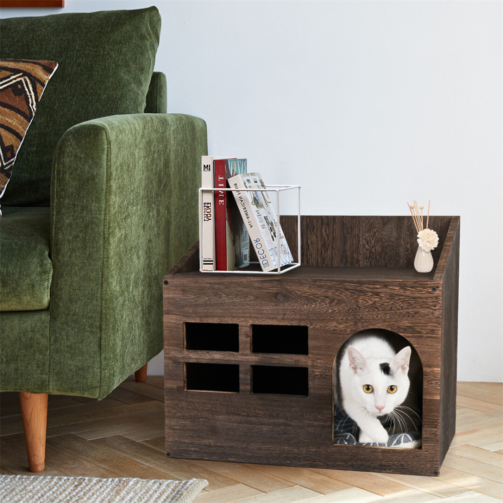 Cozy Wooden Cat Cave Bed With Cushion Pad And Litter Box