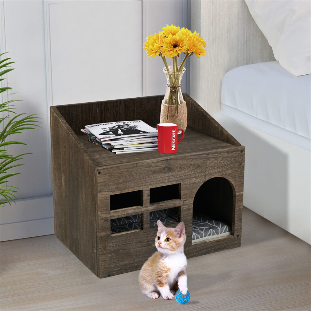 Cozy Wooden Cat Cave Bed With Cushion Pad And Litter Box