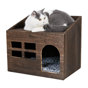 Cozy Wooden Cat Cave Bed With Cushion Pad And Litter Box