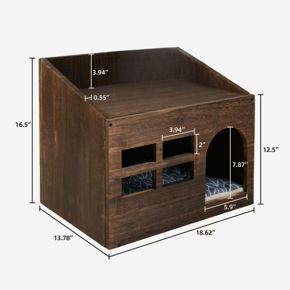 Cozy Wooden Cat Cave Bed With Cushion Pad And Litter Box