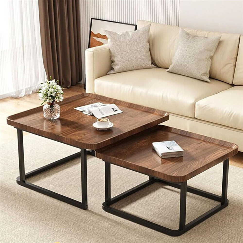 Industrial Coffee Table Set Wooden Top And Metal Base