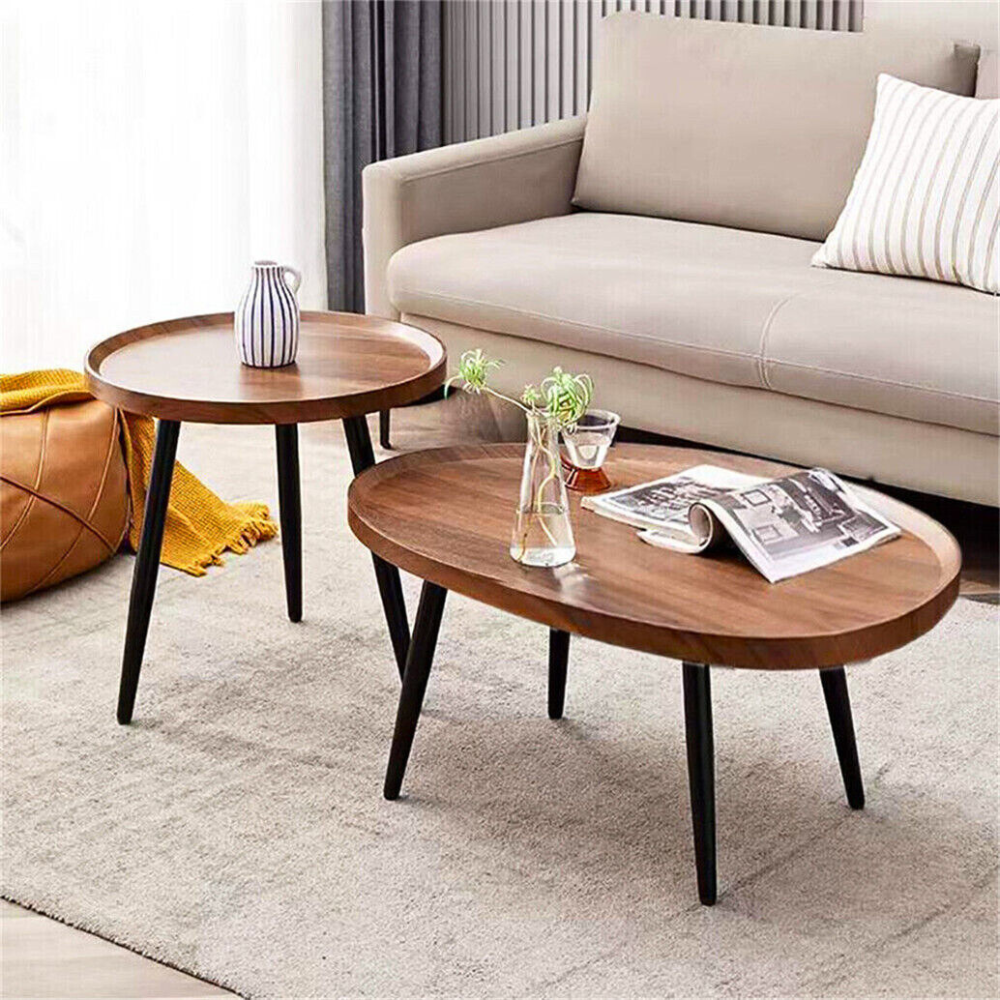 Industrial Coffee Table Set Wooden Top And Metal Base