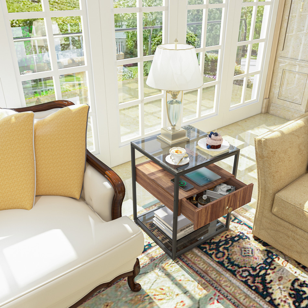 Drawer 3 Tier Living Room Storage End Table