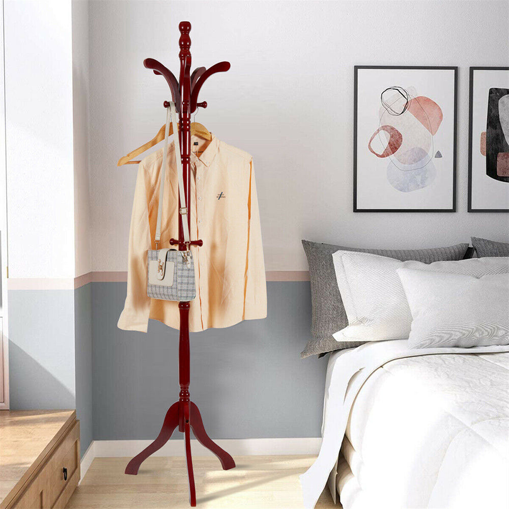 Solid Birch Wood Coat Racks Stand Floor Standing Hanger With Tripod Base