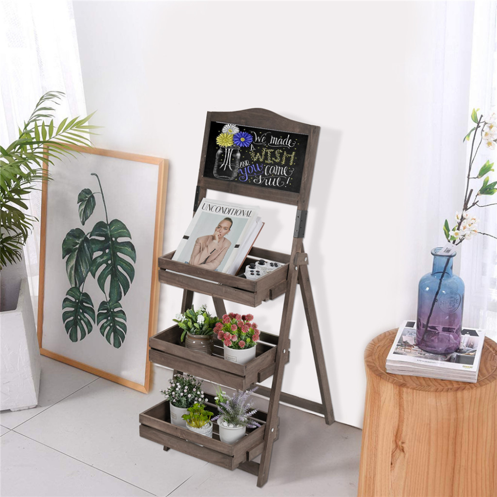 Folding Ladder 3 Tier Plant Stand Garden Flower Pot Holder Shelf With Chalkboard