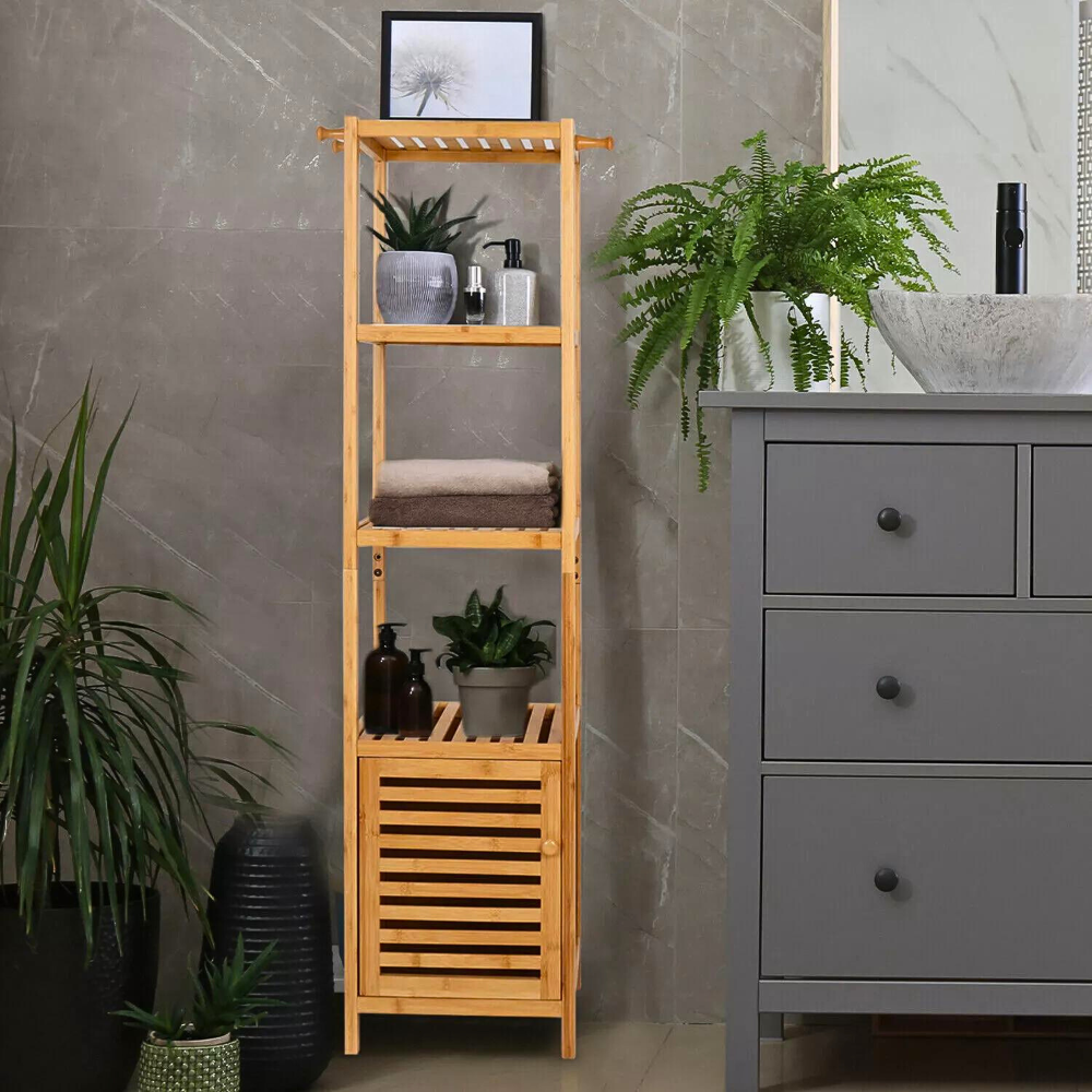 Tall Slim Bamboo Bathroom Storage Cabinet With 3 Tier Shelves