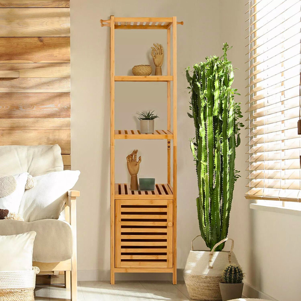 Tall Slim Bamboo Bathroom Storage Cabinet With 3 Tier Shelves