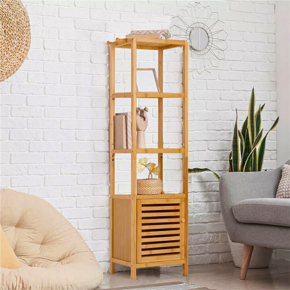 Tall Slim Bamboo Bathroom Storage Cabinet With 3 Tier Shelves