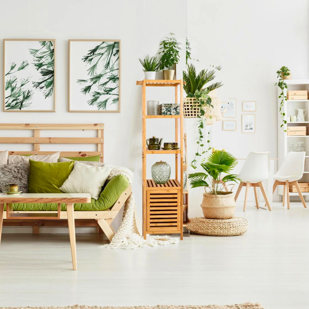 Tall Slim Bamboo Bathroom Storage Cabinet With 3 Tier Shelves