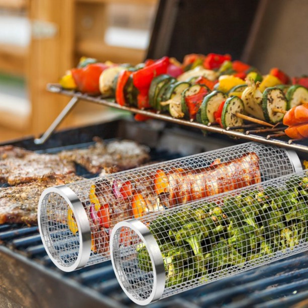 Wire Mesh Cylinder Grill Basket Portable Round Outdoor Camping Barbecue Rack