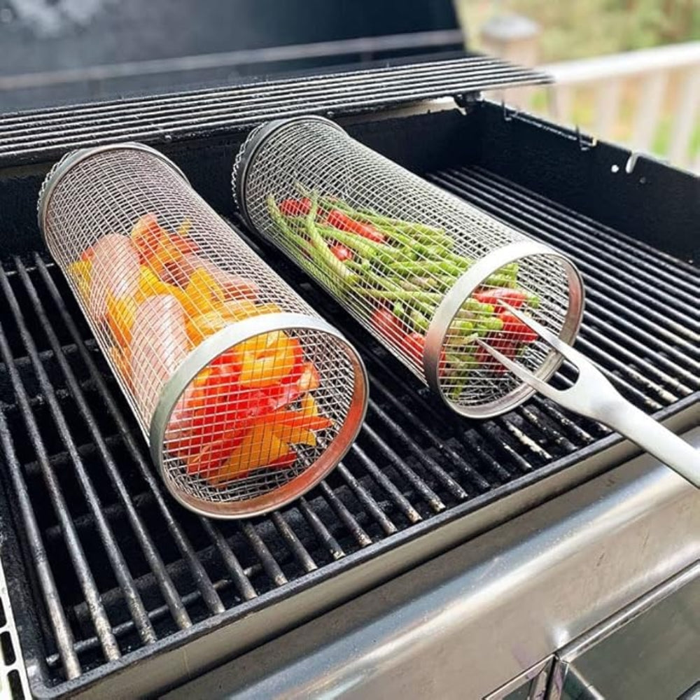 Wire Mesh Cylinder Grill Basket Portable Round Outdoor Camping Barbecue Rack