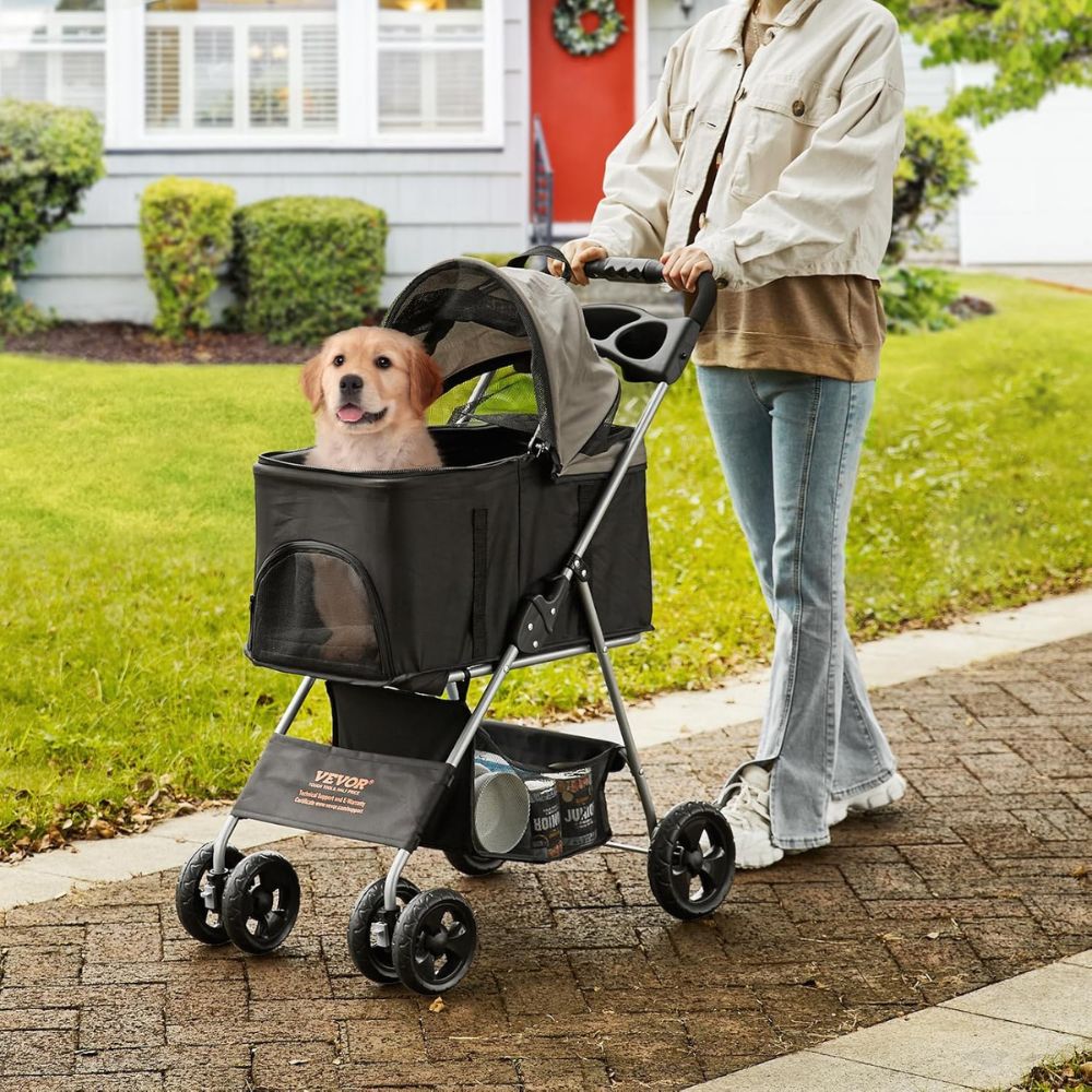 Pet Stroller With Brakes Storage Basket And Cup Holder