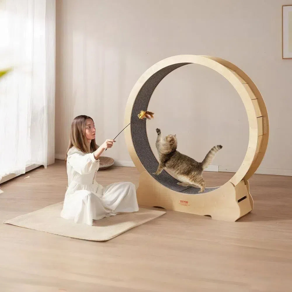 Cat Exercise Wheel Natural Wood Silent Running Toy Treadmill Roller