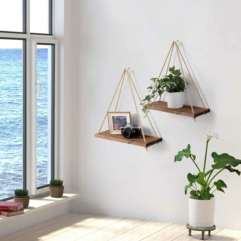 Wooden Swing Hanging Hemp Rope Wall Shelve Mounted Floating Plant Flower Pot