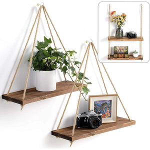 Wooden Swing Hanging Hemp Rope Wall Shelve Mounted Floating Plant Flower Pot