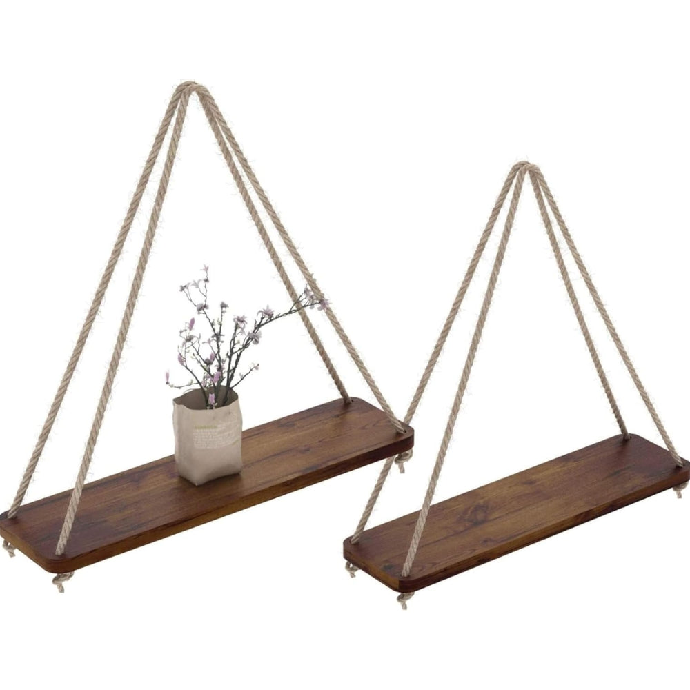 Wooden Swing Hanging Hemp Rope Wall Shelve Mounted Floating Plant Flower Pot