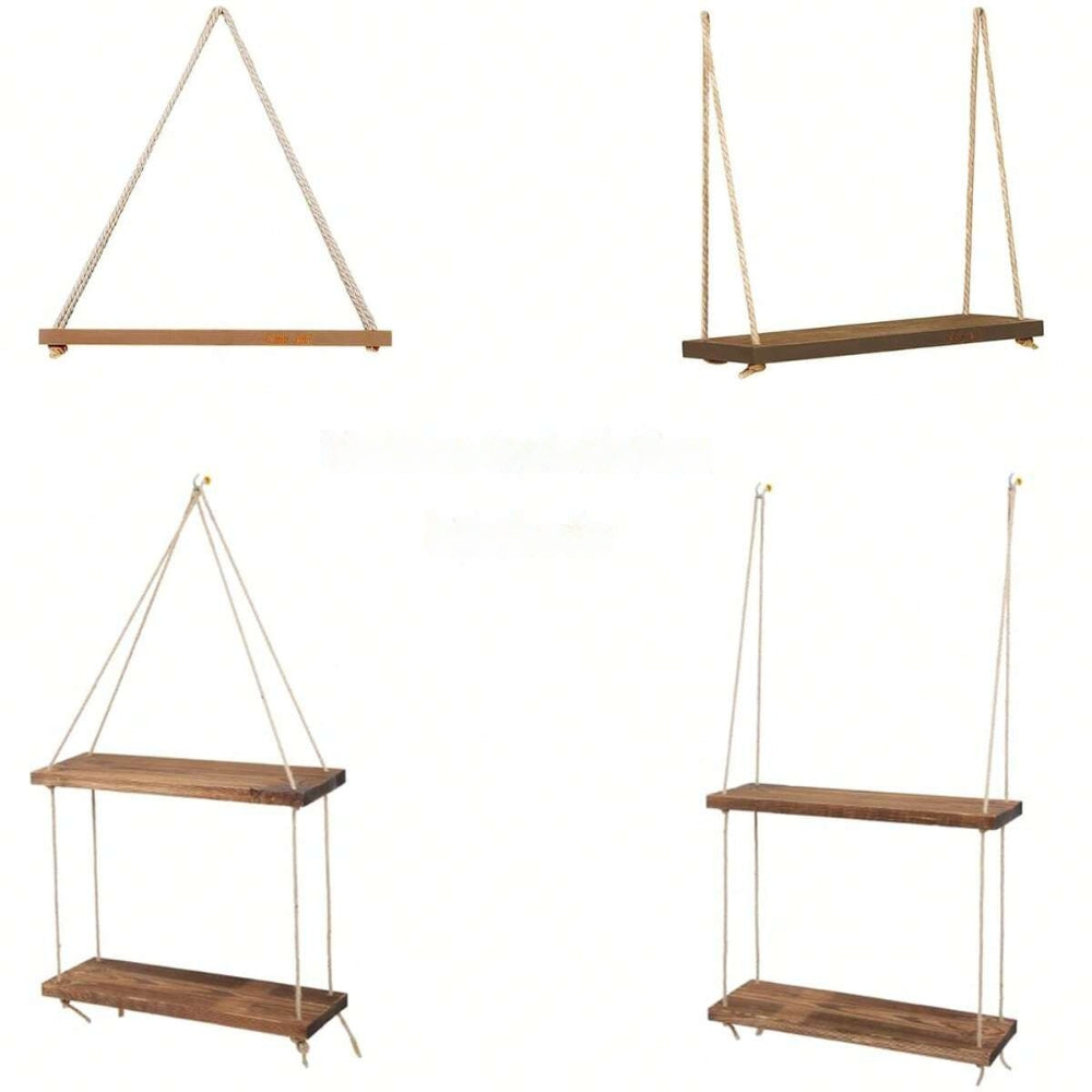 Wooden Swing Hanging Hemp Rope Wall Shelve Mounted Floating Plant Flower Pot