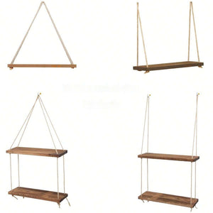 Wooden Swing Hanging Hemp Rope Wall Shelve Mounted Floating Plant Flower Pot