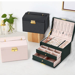 Veile Studios Multi Functional Three Layer Leather Drawer Style Jewelry Box Earrings Lock