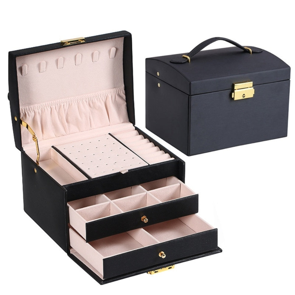 Veile Studios Multi Functional Three Layer Leather Drawer Style Jewelry Box Earrings Lock