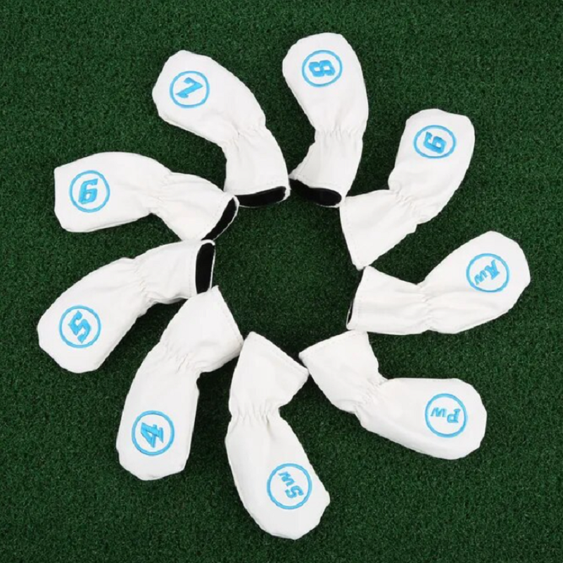 9Pcs Golf Iron Head Covers Set Waterproof Soft Pu Leather Putter White