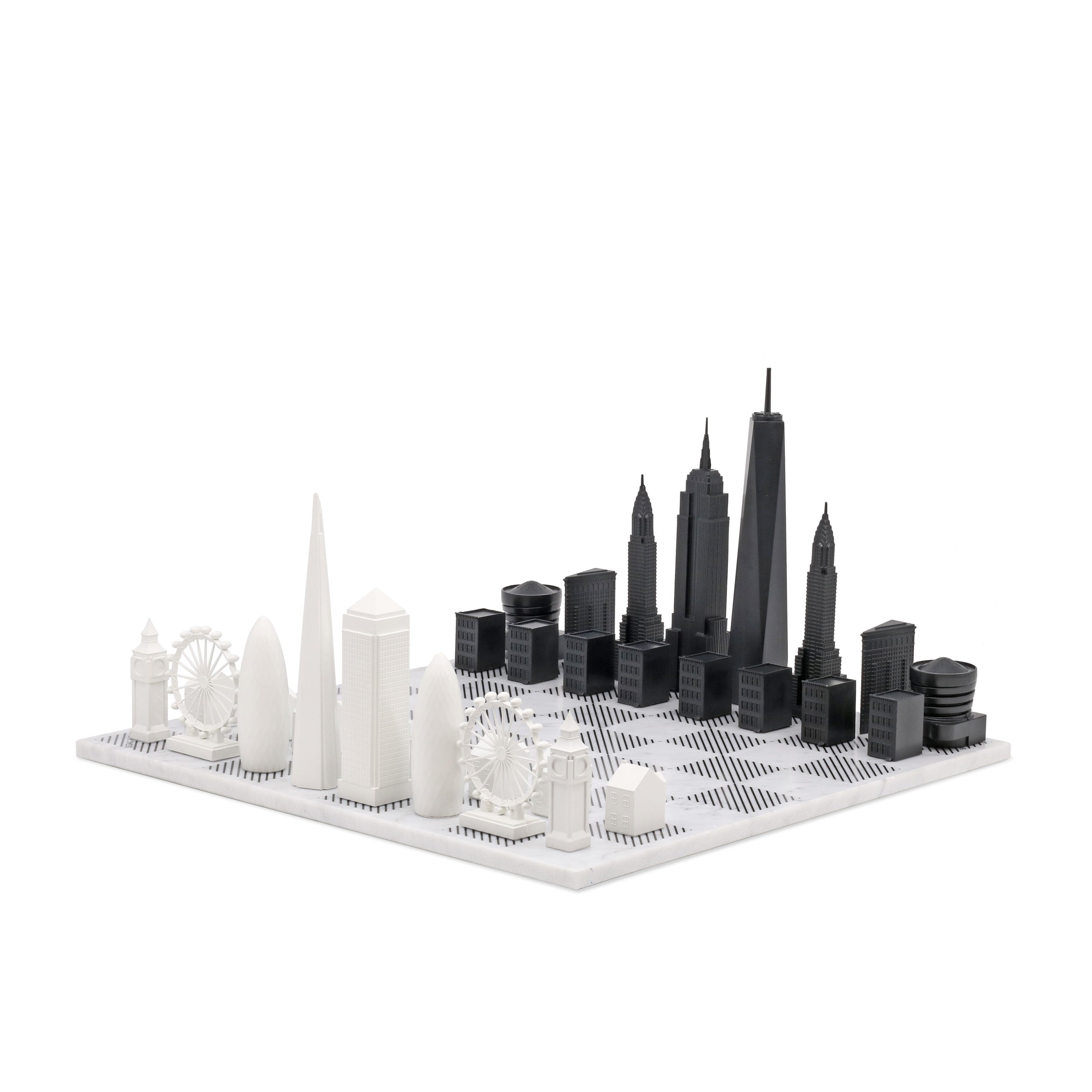 Skyline Chess London vs New York Edition Acrylic Pieces Marble Board Grey White