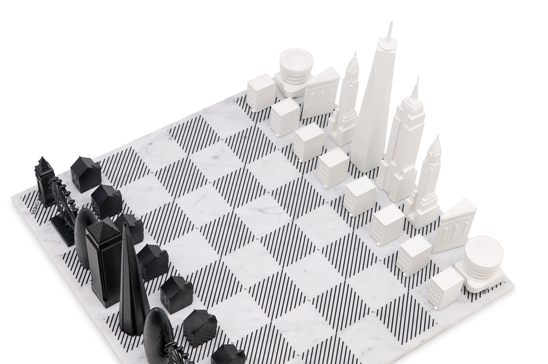 Skyline Chess London vs New York Edition Acrylic Pieces Marble Board Grey White