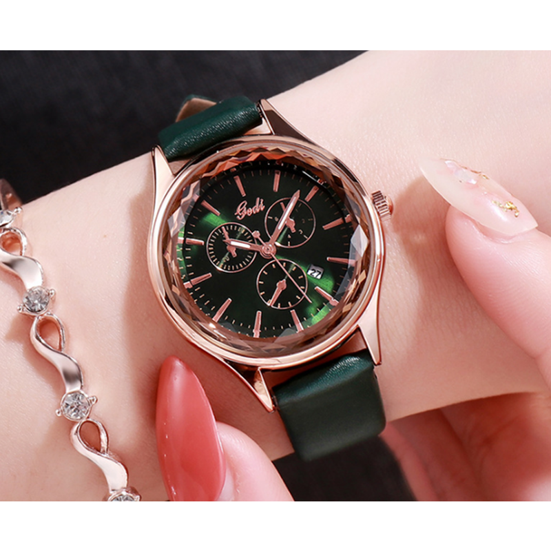 Veile Studios 21Cm 12028 Forest Green Ladies Belt Watch Three Eye Casual Quartz Calendar Female Hand