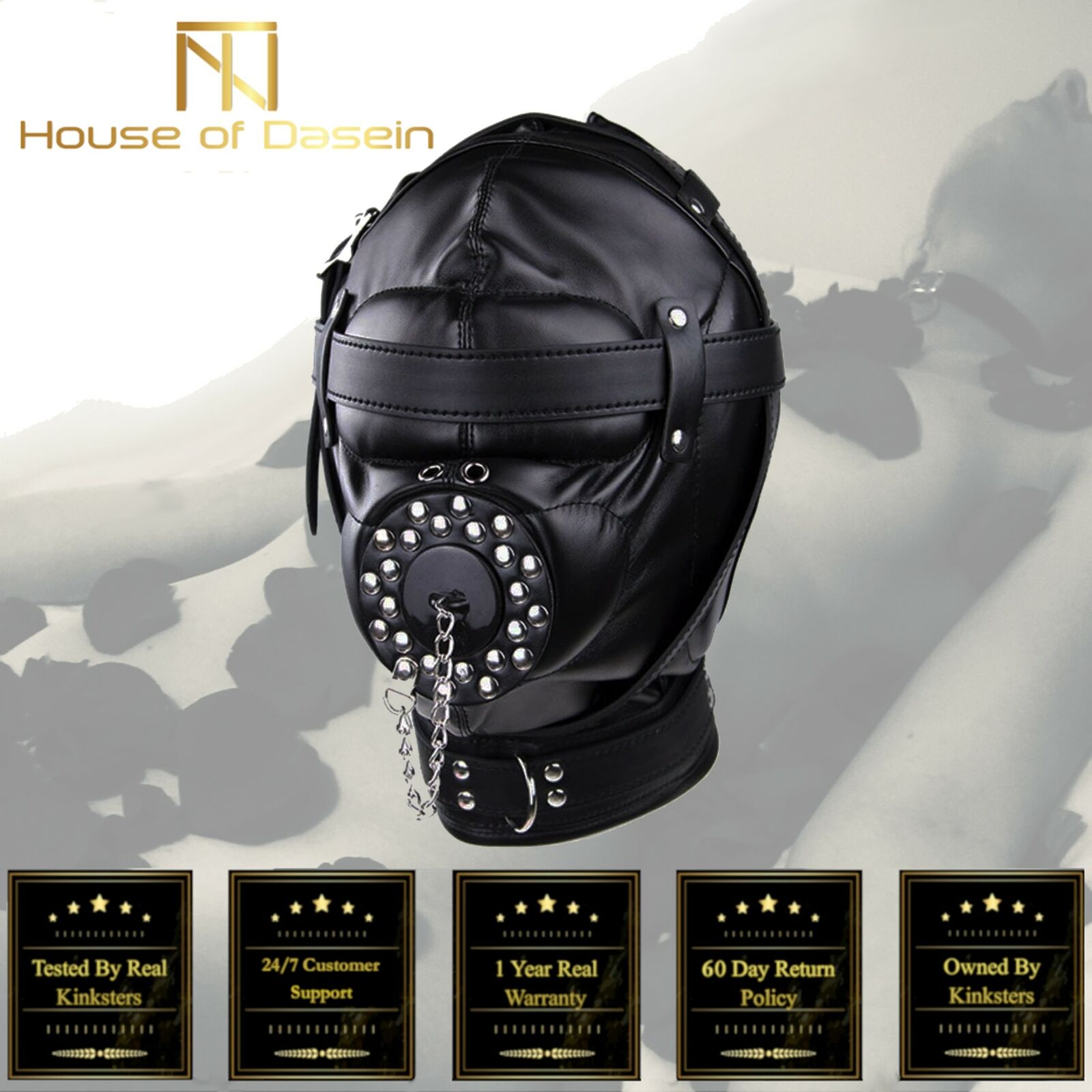 House Of Dasein Black Full Bondage Hood Mask Plug Headwear Kink Bdsm Fetish Restraints