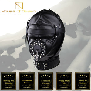 House Of Dasein Black Full Bondage Hood Mask Plug Headwear Kink Bdsm Fetish Restraints