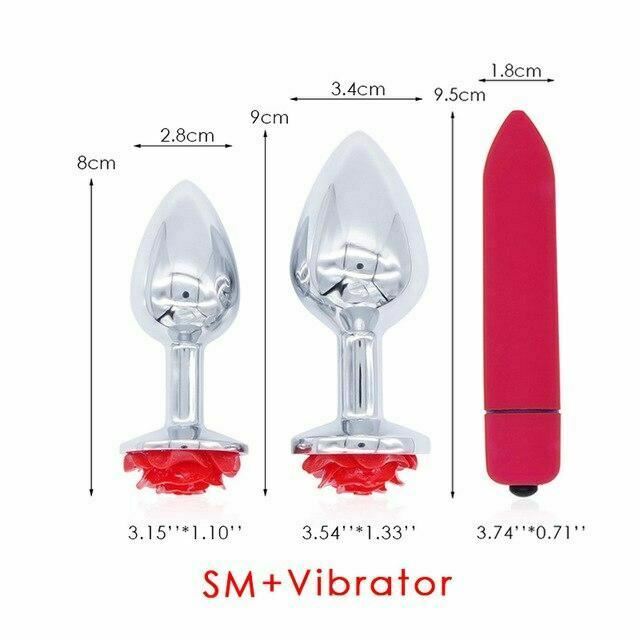 Red Rose Anal Flower Stainless Steel Metal Butt Plug Three Sizes Mini Bullet Vibrator Set