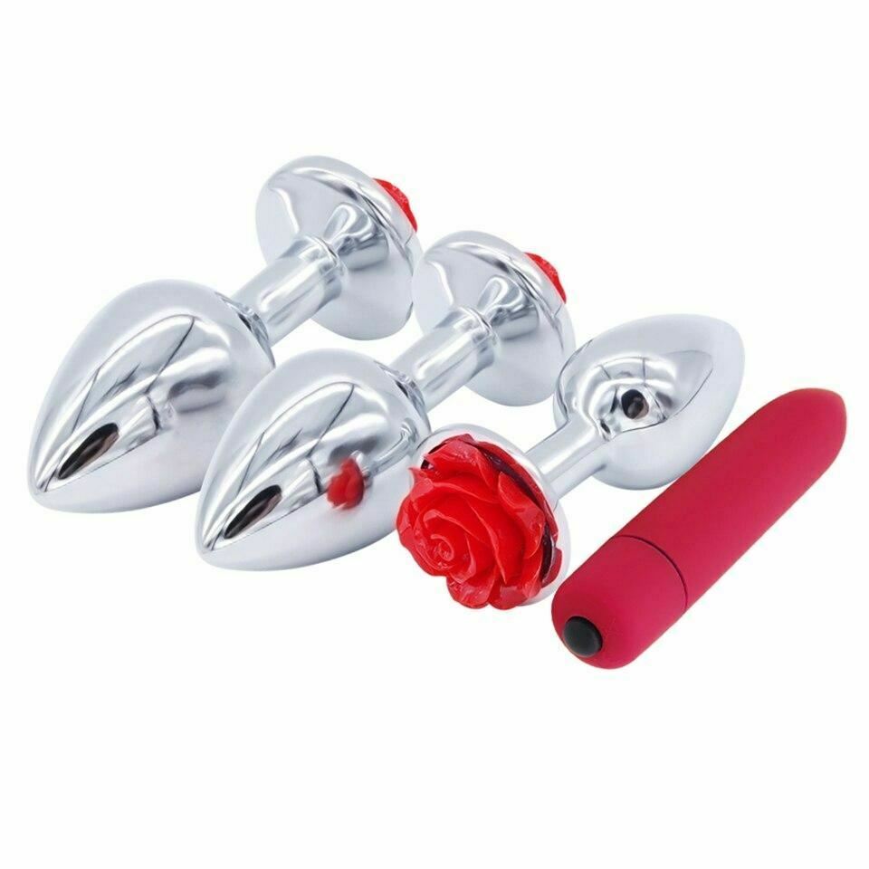 Red Rose Anal Flower Stainless Steel Metal Butt Plug Three Sizes Mini Bullet Vibrator Set